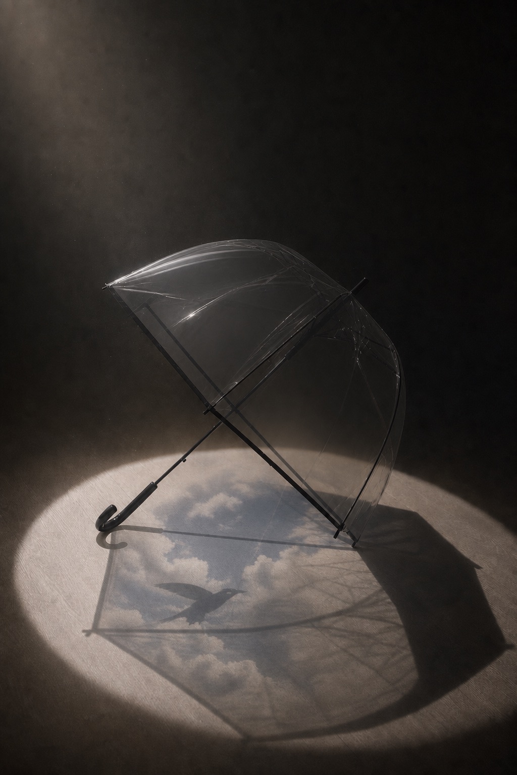 透明雨傘投影出雲朵與飛鳥剪影