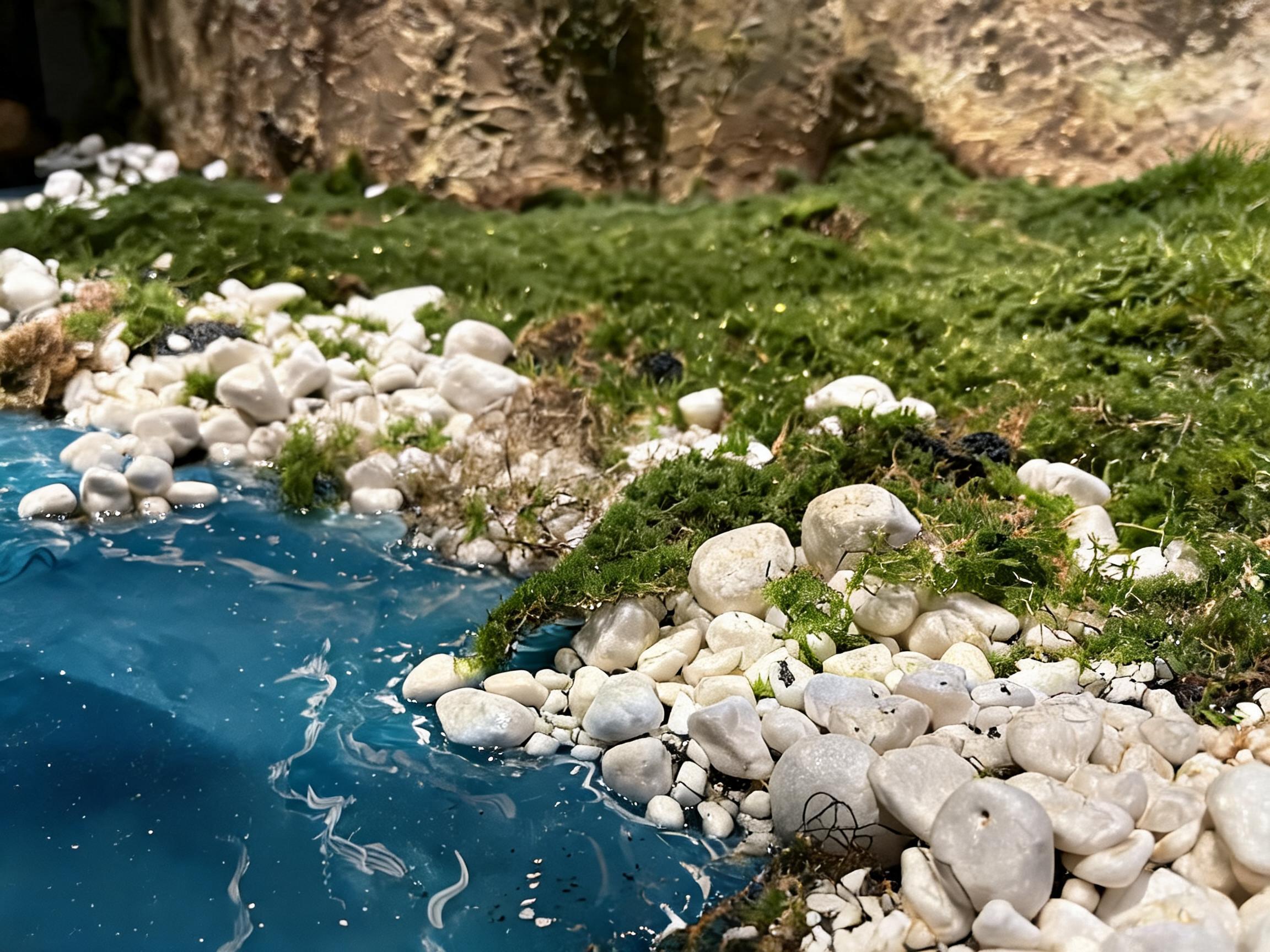 造景細節：白石與苔蘚水岸