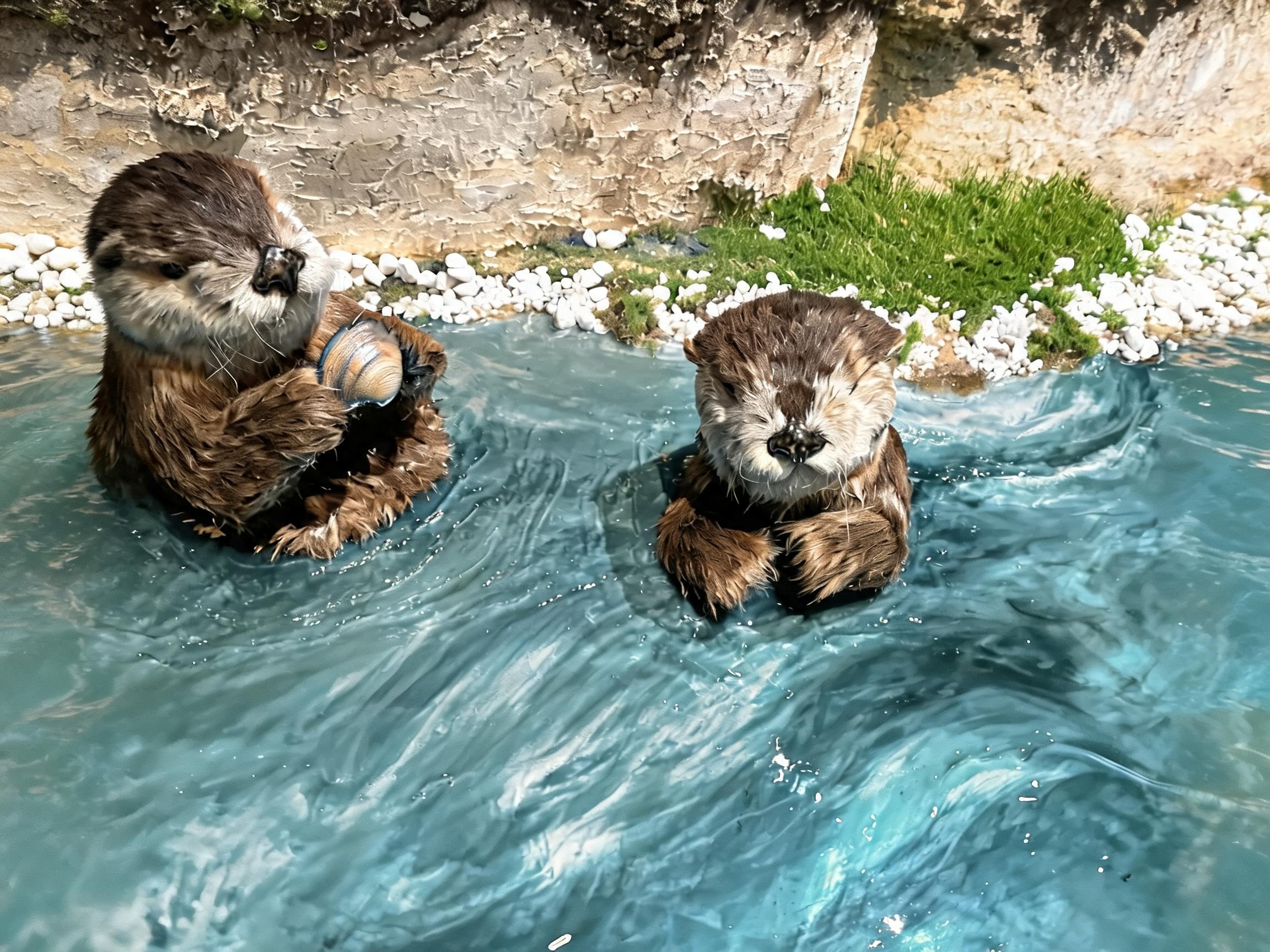 水獺造景池，仿真水流與岩石造景